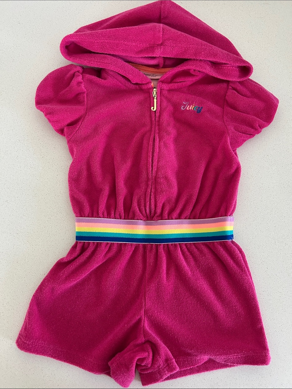 Juicy Couture Fuchsia Pink Terry Hooded Romper with multicolor trim Toddler 2T